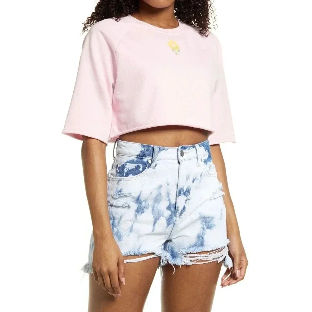 BP. Organic Cotton Crop Sweatshirt in Pink Flower Emb Nordstrom